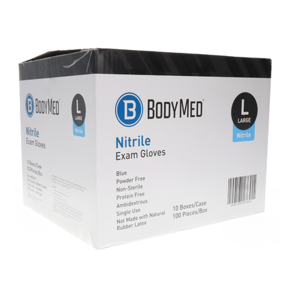 A white and blue box of BodyMed Nitrile Exam Gloves, Large, features powder-free, protein-free, ambidextrous design with 100 gloves per box.
