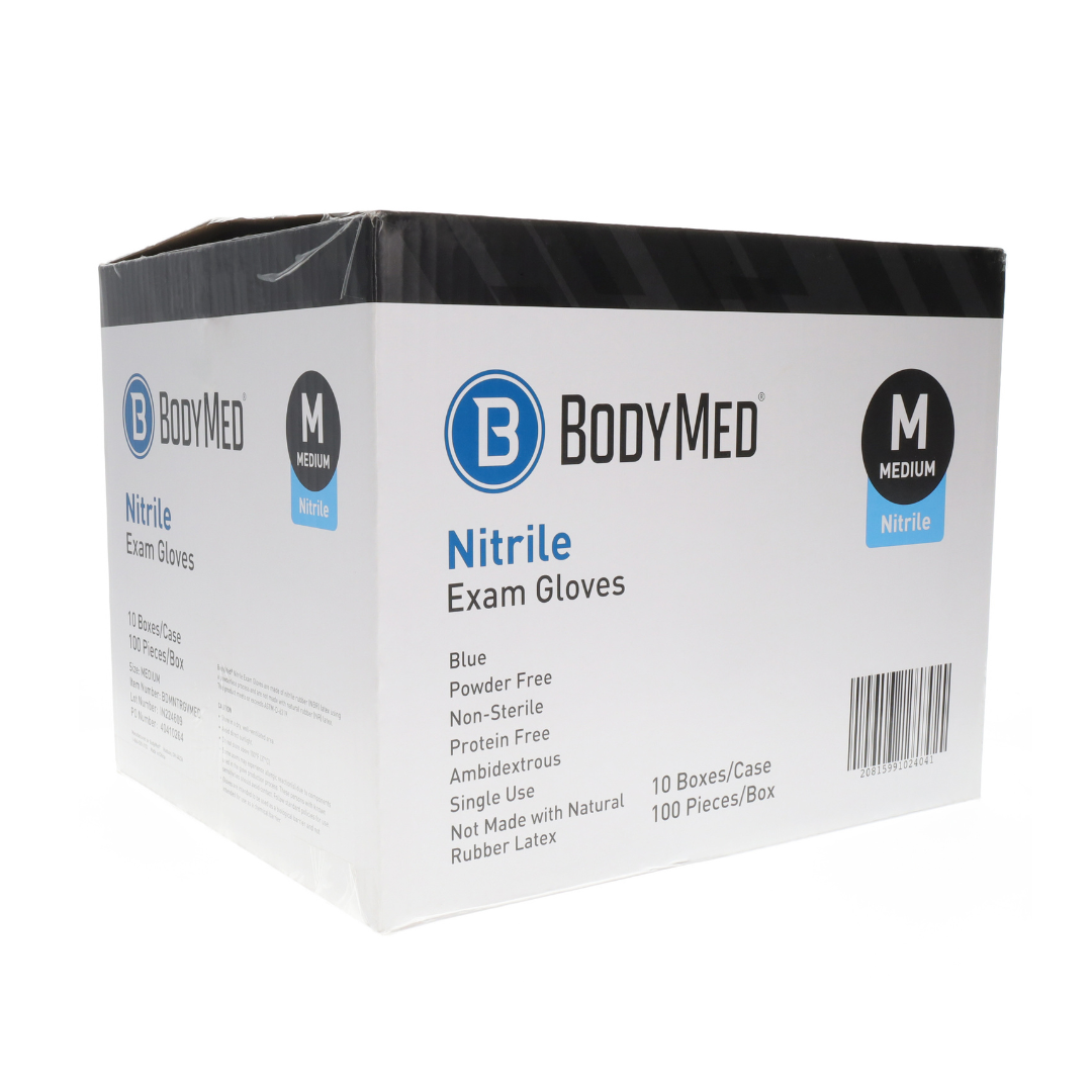 A white and blue box of BodyMed Nitrile Exam Gloves, size medium. Contains 100 powder-free, non-sterile, ambidextrous gloves for single use.