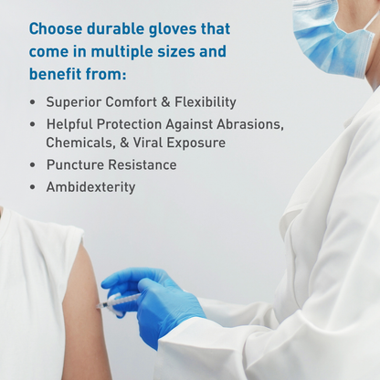 A healthcare worker in a white coat and blue gloves administers a shot, highlighting BodyMed Nitrile Exam Gloves for their comfort, protection, puncture resistance, ambidexterity, and key specifications.