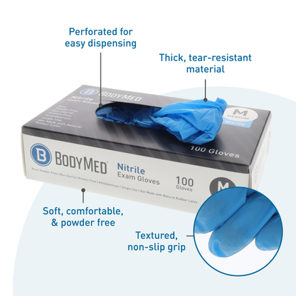 A box of BodyMed Nitrile Exam Gloves is pictured with a glove partly pulled out. Text highlights tear-resistant, powder-free comfort and textured grip, with a close-up inset showing the glove's surface.