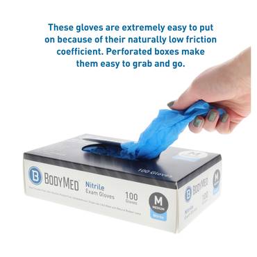 A hand pulls a blue BodyMed Nitrile Exam Glove (Medium, 100-count) from a box. Blue text highlights easy use and the perforated box, with links for specs or videos for more info.