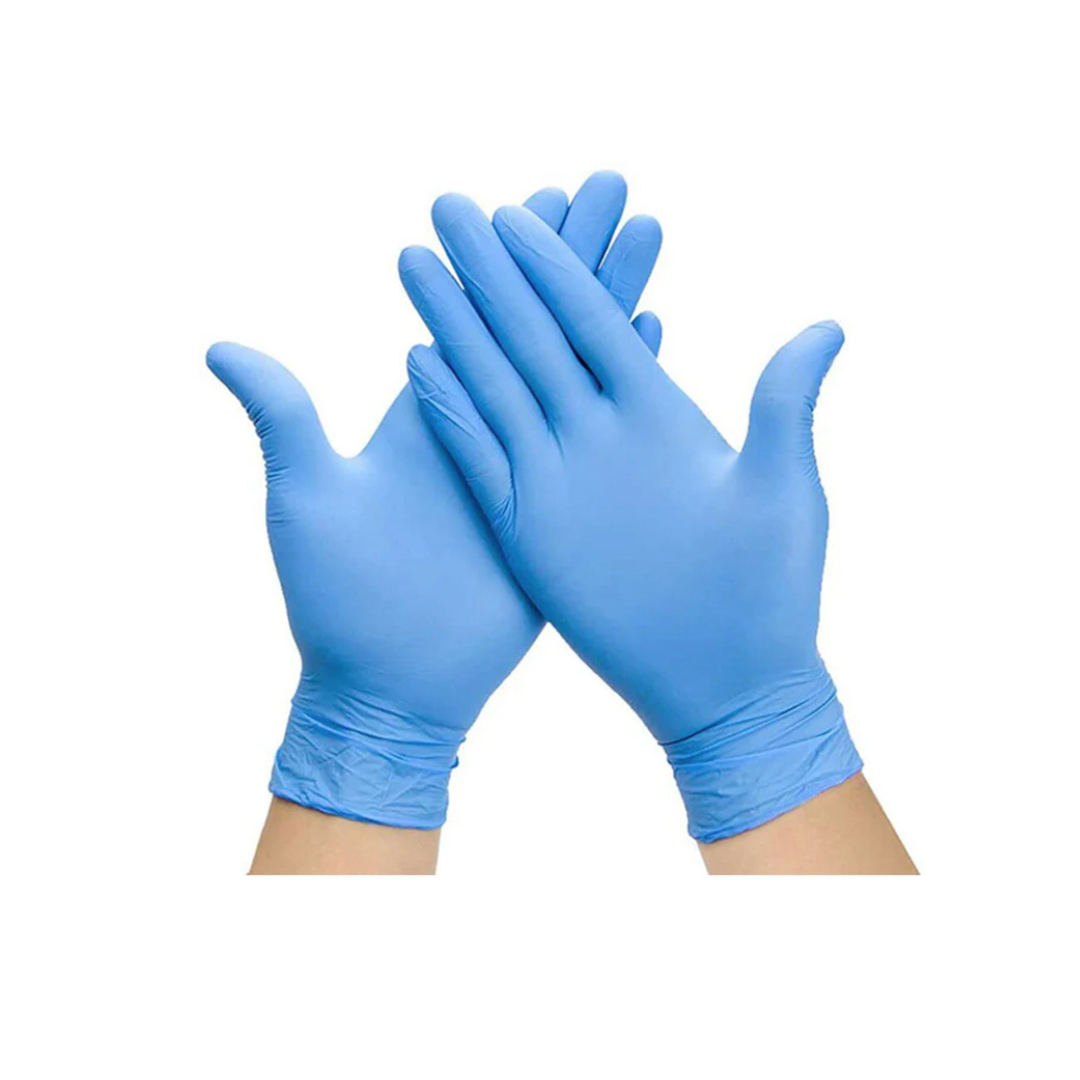 Two hands wearing BodyMed Nitrile Exam Gloves touch palm to palm against a white background.