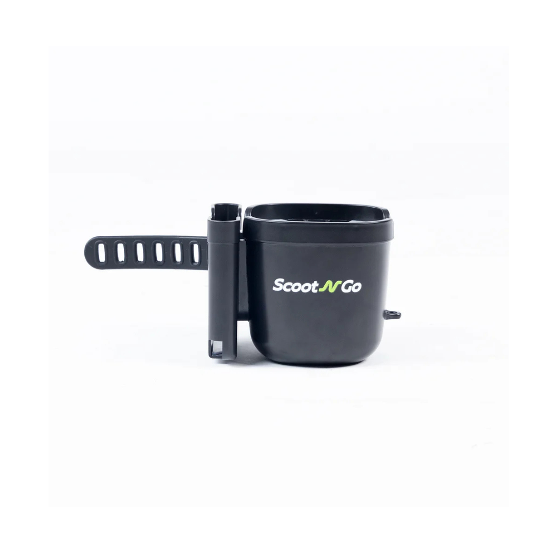 A Bottle & Phone Holder Combo for ScootNgo Scooters in black, featuring an adjustable strap for easy attachment to scooters or bikes, is displayed against a plain white background. This versatile accessory from the ScootNgo scooter range serves as both a bottle and phone holder, offering convenient storage on the go.