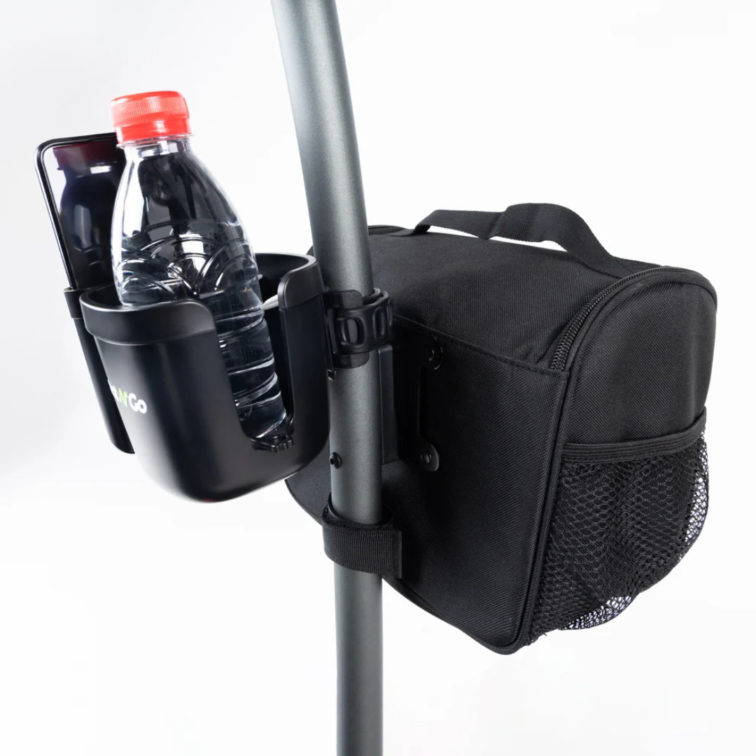 A close-up of the Bottle & Phone Holder Combo for ScootNgo Scooters, shown here in black, features a cup holder securely holding a water bottle and a phone while attached to a stroller handle. This versatile accessory can also be used as a mobility scooter holder, making it an ideal choice for anyone seeking practical ScootNgo scooter accessories. Next to it is a zippered storage pouch with an attached mesh pocket.