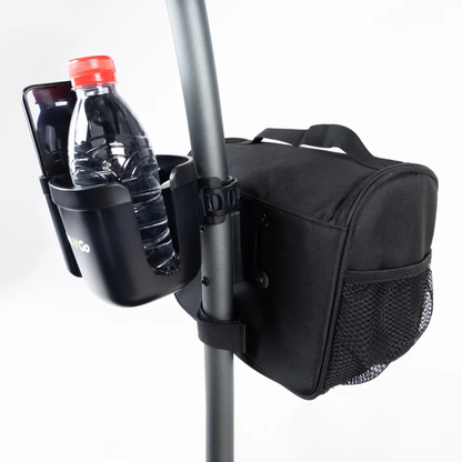 A close-up of the Bottle & Phone Holder Combo for ScootNgo Scooters, shown here in black, features a cup holder securely holding a water bottle and a phone while attached to a stroller handle. This versatile accessory can also be used as a mobility scooter holder, making it an ideal choice for anyone seeking practical ScootNgo scooter accessories. Next to it is a zippered storage pouch with an attached mesh pocket.