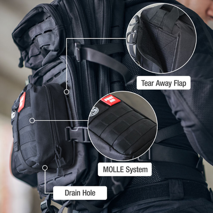 Close-up of a black tactical backpack worn on someone's back, with circular callouts labeling: tear away flap, MOLLE system for Brazos First Aid Survival Kit - 250 Pieces attachment, and drain hole in white text with lines pointing to each feature.