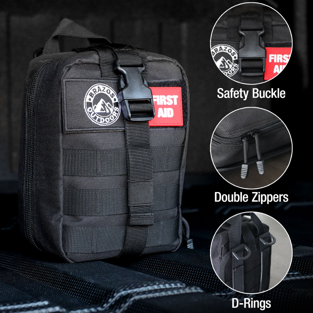 The Brazos First Aid Survival Kit - 250 Pieces pouch features a safety buckle, double zippers, D-rings, MOLLE webbing, and a red "First Aid" patch; inset circles highlight the buckle, zippers, and D-rings.