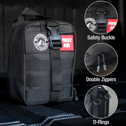The Brazos First Aid Survival Kit - 250 Pieces pouch features a safety buckle, double zippers, D-rings, MOLLE webbing, and a red "First Aid" patch; inset circles highlight the buckle, zippers, and D-rings.