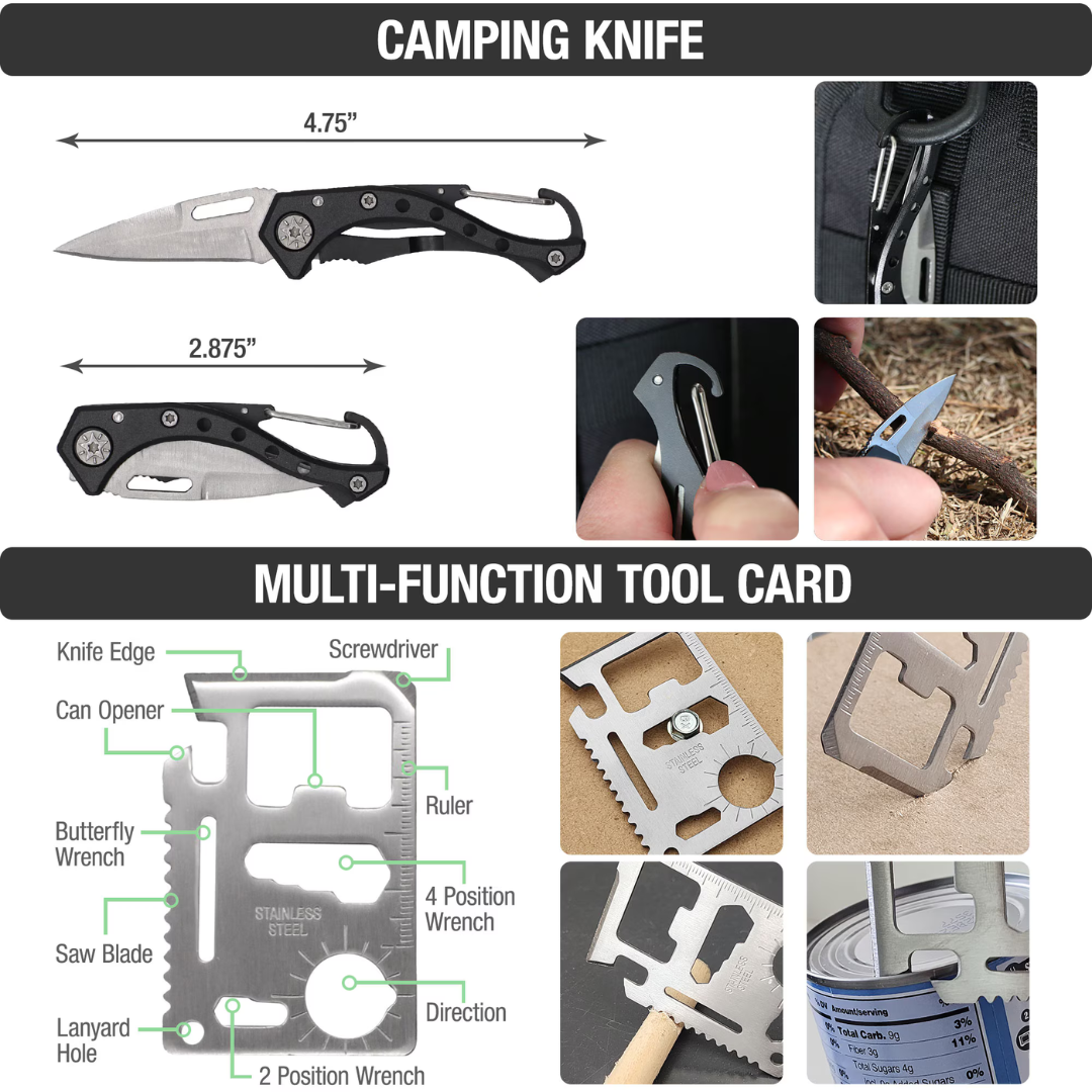 The Brazos First Aid Survival Kit – 250 Pieces includes a camping knife with a black handle and foldable blade, plus a multi-function tool card featuring a can opener, wrench, screwdriver, ruler, and additional utilities.