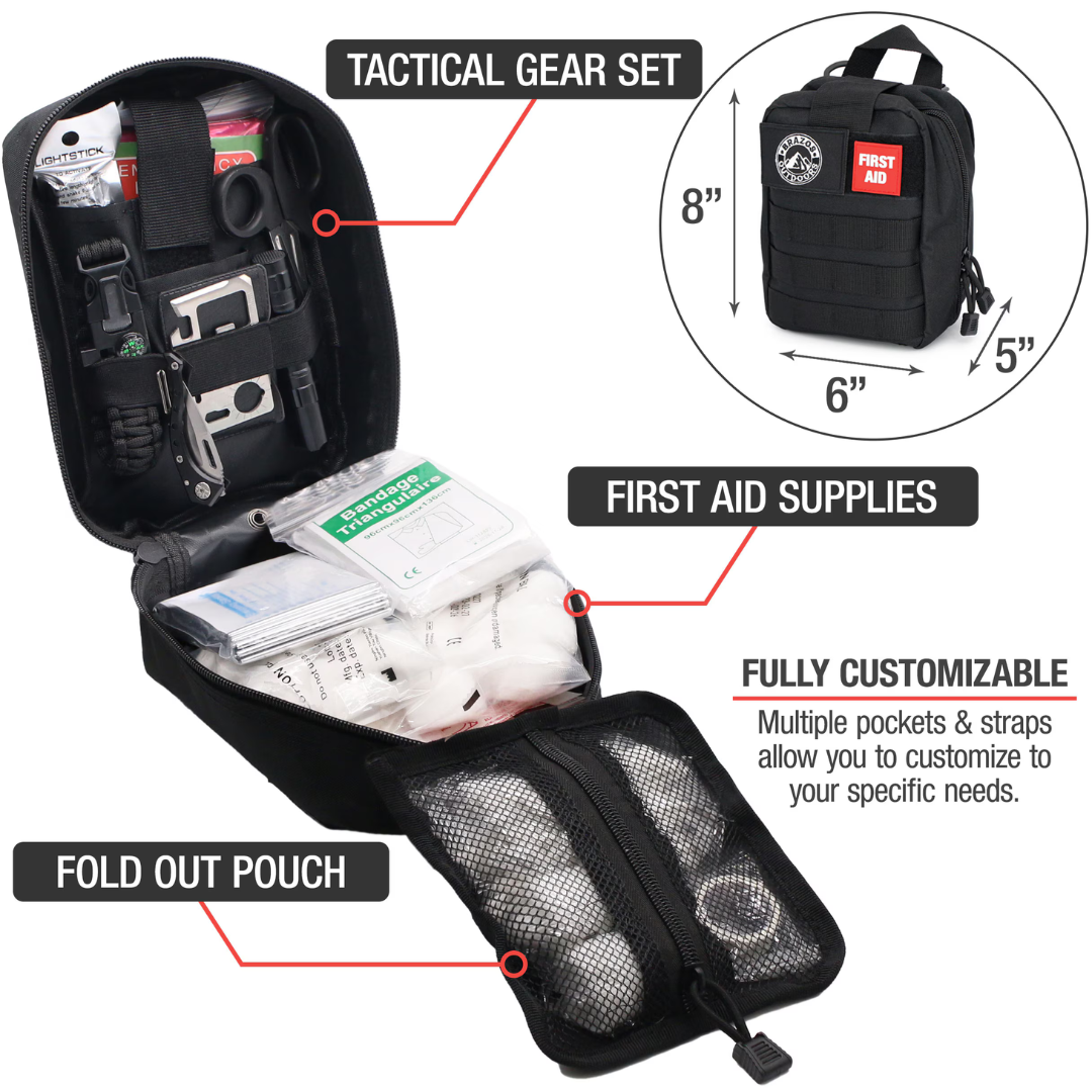 A compact black Brazos First Aid Survival Kit - 250 Pieces, measuring 8x6x5, is open to display organized first aid and tactical gear. Annotations highlight its customizable pockets, fold-out design, and essential supplies inside.