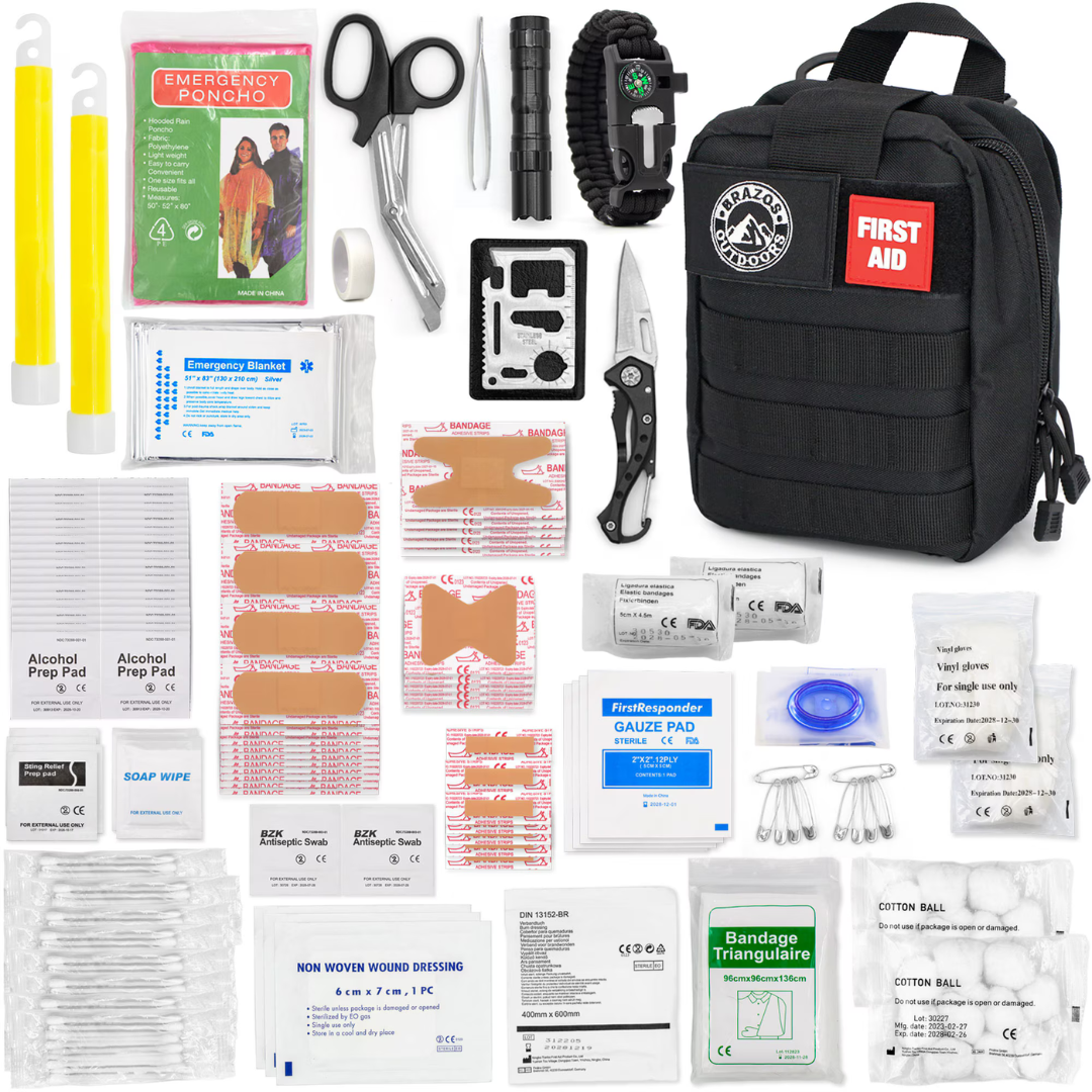 The Brazos First Aid Survival Kit - 250 Pieces features a black bag labeled FIRST AID and includes bandages, gauze pads, alcohol wipes, scissors, and more—an all-in-one emergency supply set.