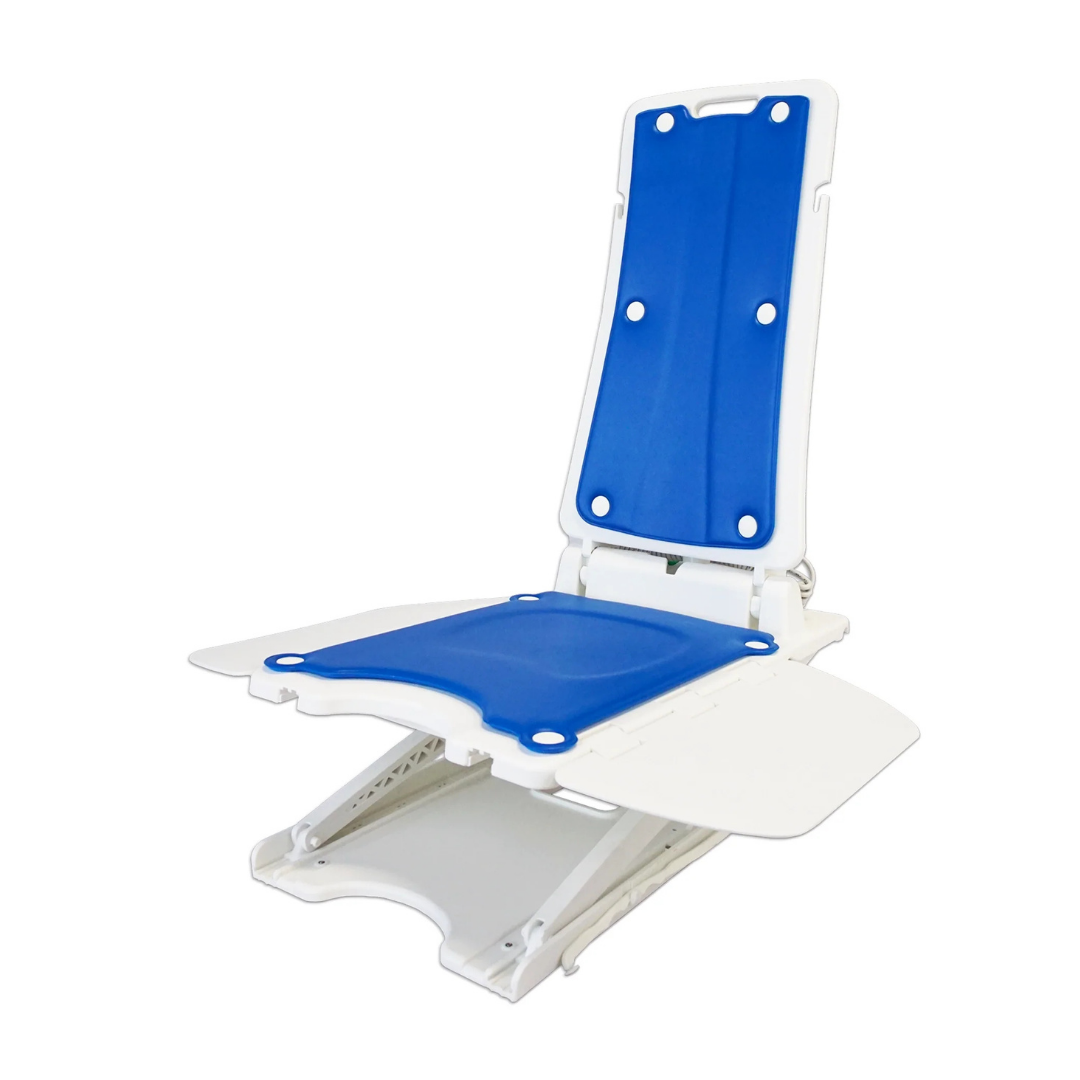 The Mobile Patient Lift Bridge Bath Lift and Fall Recovery Lift is a white and blue adjustable plastic chair with a supportive backrest and side flaps, designed to help individuals with limited mobility safely enter and exit the bathtub.
