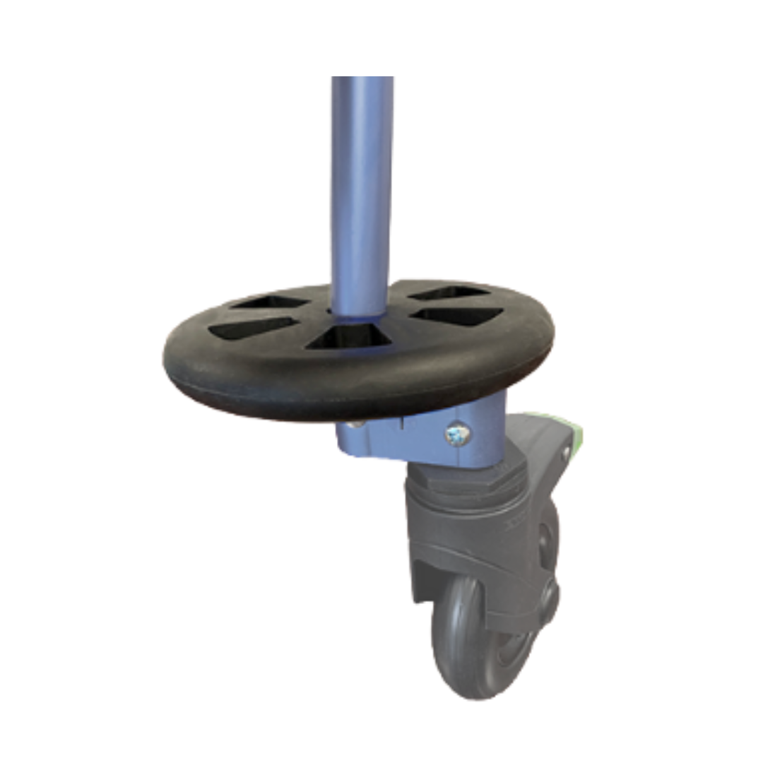 A close-up of a blue metal pole from a Klip Pediatric Walker Rollator, showing a Bumper Guard for Klip Pediatric Walker Rollators and a black swivel caster wheel at the base, isolated on a white background.