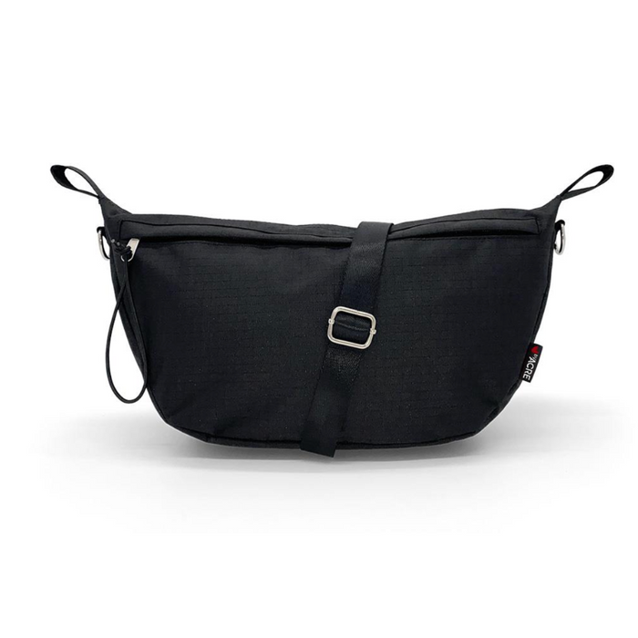 The ByAcre Accessories for Overland Carbon Fiber Rollators include a sleek black crossbody bag with a minimalist design, silver buckle, adjustable strap, rectangular shape, side loops, and a subtle logo tag—perfect for those seeking elegant style in a must-have accessory.