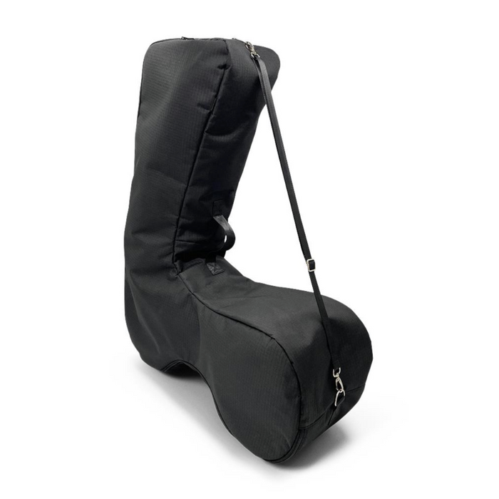 The ByAcre Accessories for Overland Carbon Fiber Rollators includes a black, padded carrier bag for a single boot with a side zip closure and an adjustable shoulder strap for easy carrying.