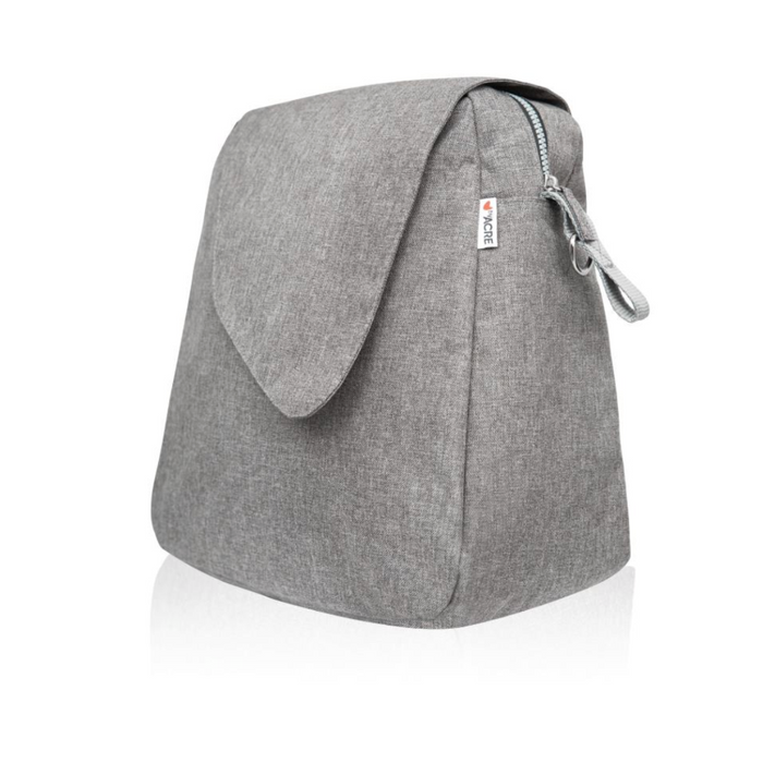 The chic grey ByAcre insulated lunch bag, with textured fabric, flap closure, and side handle, stands upright against a white backdrop—a stylish accessory ready to keep your meals fresh on the go.