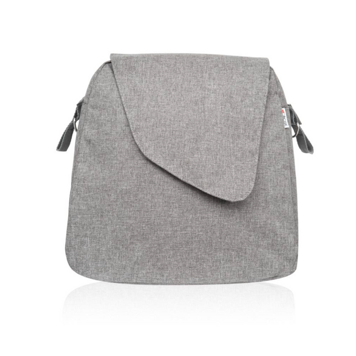 A gray, stylish shoulder bag featuring a structured, triangular flap closure and textured fabric has a small branded tag on the right side. Its labeled as ByAcre Accessories For The Ultralight Carbon Fiber Rollators but lacks essential SEO keywords for optimal visibility.