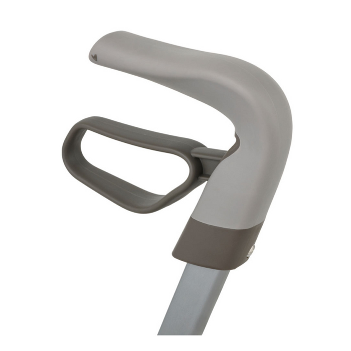 Close-up of a gray ergonomic crutch handle, featuring a soft grip and support loop for added stability, perfectly complementing the ByACRE Carbon Overland All-Terrain Rollator.