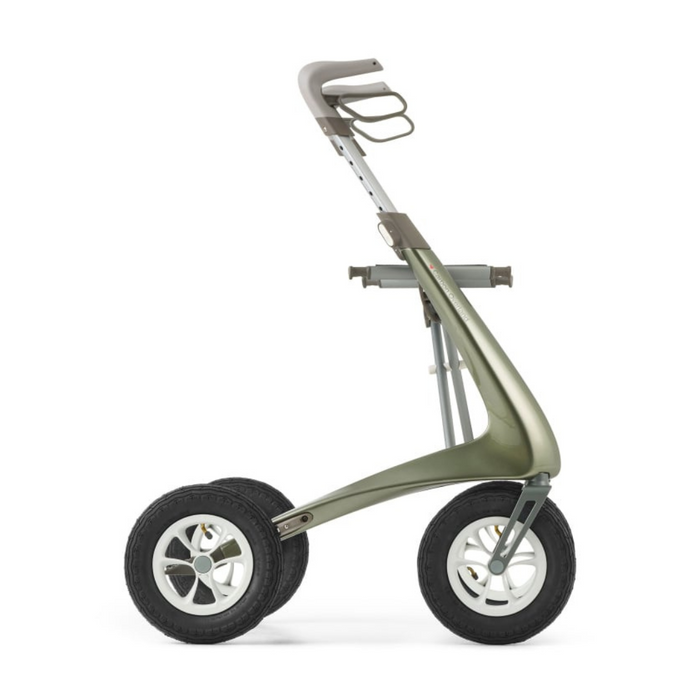 The ByACRE Carbon Overland All-Terrain Rollator is a modern, minimalist trolley with two large black wheels fitted with pneumatic tires and a sleek carbon fiber frame. It has an ergonomically designed handle and compartments for bags and accessories, set against a plain white background.