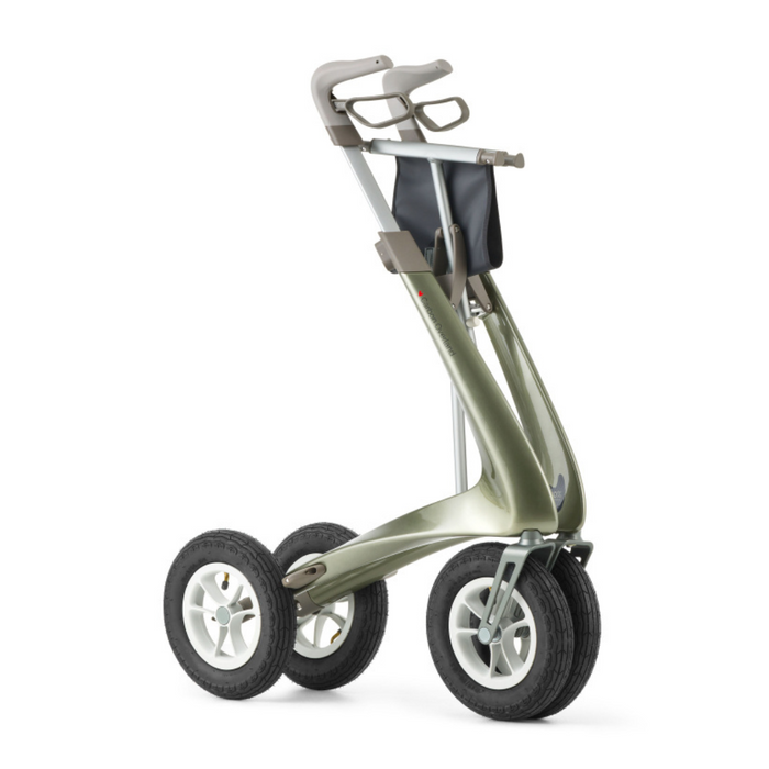 The ByACRE Carbon Overland All-Terrain Rollator is a modern green mobility aid with sleek design, three large wheels, handlebars, and a small storage pouch. Its carbon fiber frame ensures lightweight durability for everyday adventures.