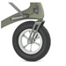 A close-up of a gray wheel from the ByACRE Carbon Overland All-Terrain Rollator reveals a sturdy fork, black pneumatic tire, and metallic frame with 100% inside a heart, signifying top quality. The white rim contrasts with the dark rubber tire, highlighting its resilience on all terrains.