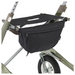 A sleek black fabric storage bag is tucked under the ByACRE Carbon Overland All-Terrain Rollators carbon fiber frame. With a secure zipper closure, it hangs gracefully between metallic legs above a wheel with pneumatic tires, ready to tackle any terrain with modern elegance.
