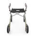 The ByACRE Carbon Overland All-Terrain Rollator features a lightweight, foldable carbon fiber frame with four wheels and a sleek, curved design. It has padded handles and a black seat with a grip cutout, viewed from the front.