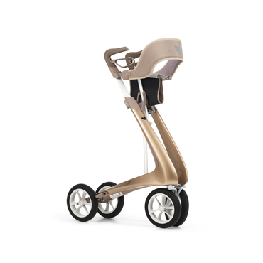 A modern, minimalist backrest for ByAcre Ultralight Carbon Fiber Rollators with a sleek metallic gold frame and beige seat, featuring a curved handle design—shown on a white background.