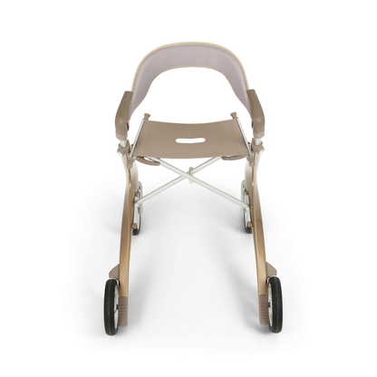 A front view of a beige ByAcre Ultralight Carbon Fiber Rollator, featuring large wheels, a seat, armrests, white support bars, and the Backrest for ByAcre Ultralight Carbon Fiber Rollators as a practical accessory for mobility assistance.