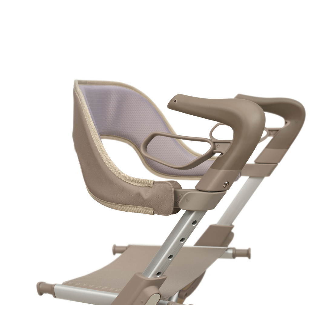 A close-up of the Backrest for ByAcre Ultralight Carbon Fiber Rollators, featuring beige and silver colors with mesh and armrests, shown as an ideal rollator accessory against a white background.