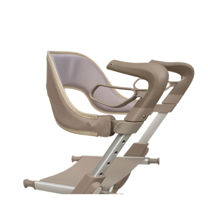 A close-up of the Backrest for ByAcre Ultralight Carbon Fiber Rollators, featuring beige and silver colors with mesh and armrests, shown as an ideal rollator accessory against a white background.