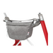 A ByACRE Ultralight Carbon Fiber Rollator (10.6 lbs) features a gray fabric storage pouch on a sleek, ultra-light metal frame in red and white. Ergonomic handles, a zipper, and a side label enhance its convenience.
