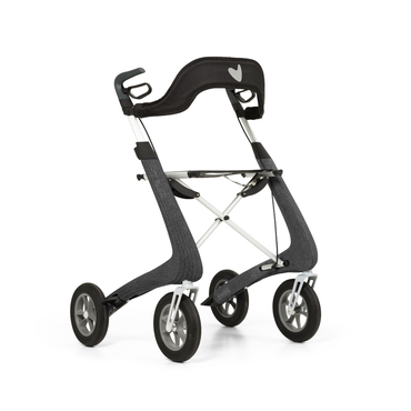 The byACRE Nordic Pioneer Lightweight Folding Rollator weighs just 13 lbs and features four wheels, a black seat backrest, curved frame, and stylish black and silver accents for modern mobility support.