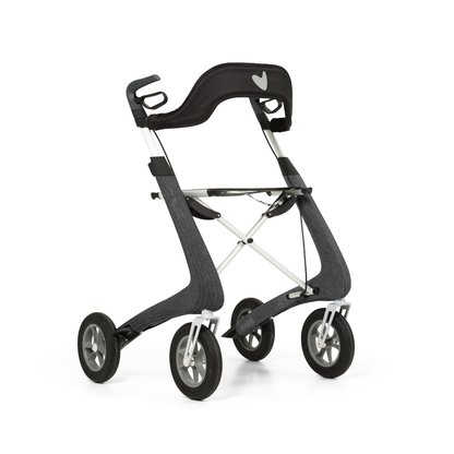 The byACRE Nordic Pioneer Lightweight Folding Rollator weighs just 13 lbs and features four wheels, a black seat backrest, curved frame, and stylish black and silver accents for modern mobility support.