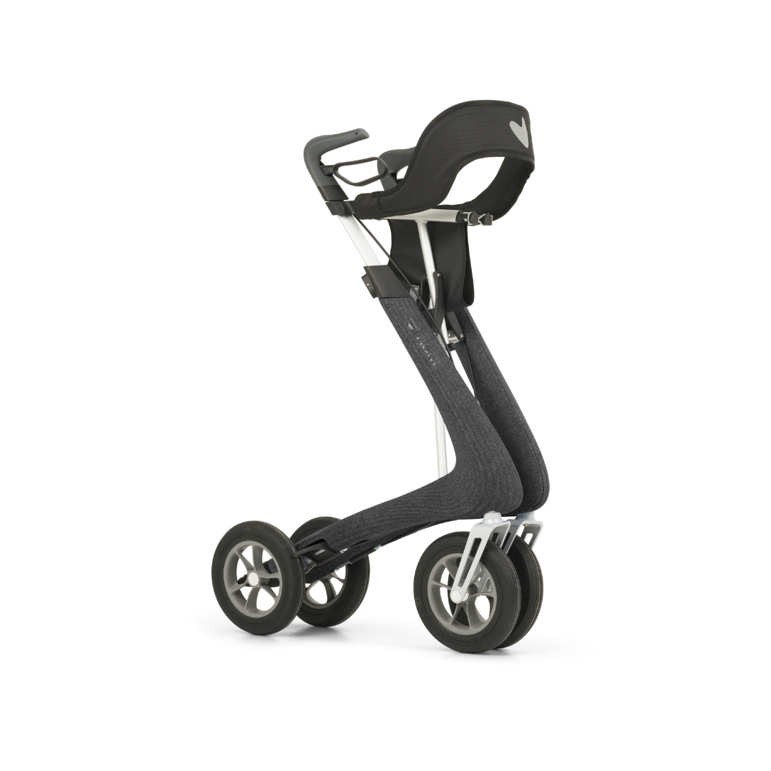 Inspired by the byACRE Nordic Pioneer Lightweight Folding Rollator (only 13 lbs), this modern, minimalist stroller has a sleek black seat, silver frame, four wheels, and a curved handlebar for stylish portability.