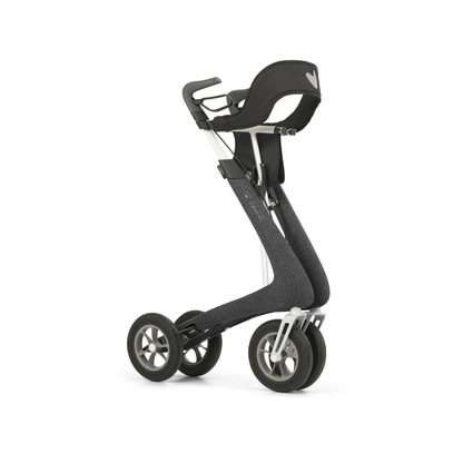 Inspired by the byACRE Nordic Pioneer Lightweight Folding Rollator (only 13 lbs), this modern, minimalist stroller has a sleek black seat, silver frame, four wheels, and a curved handlebar for stylish portability.