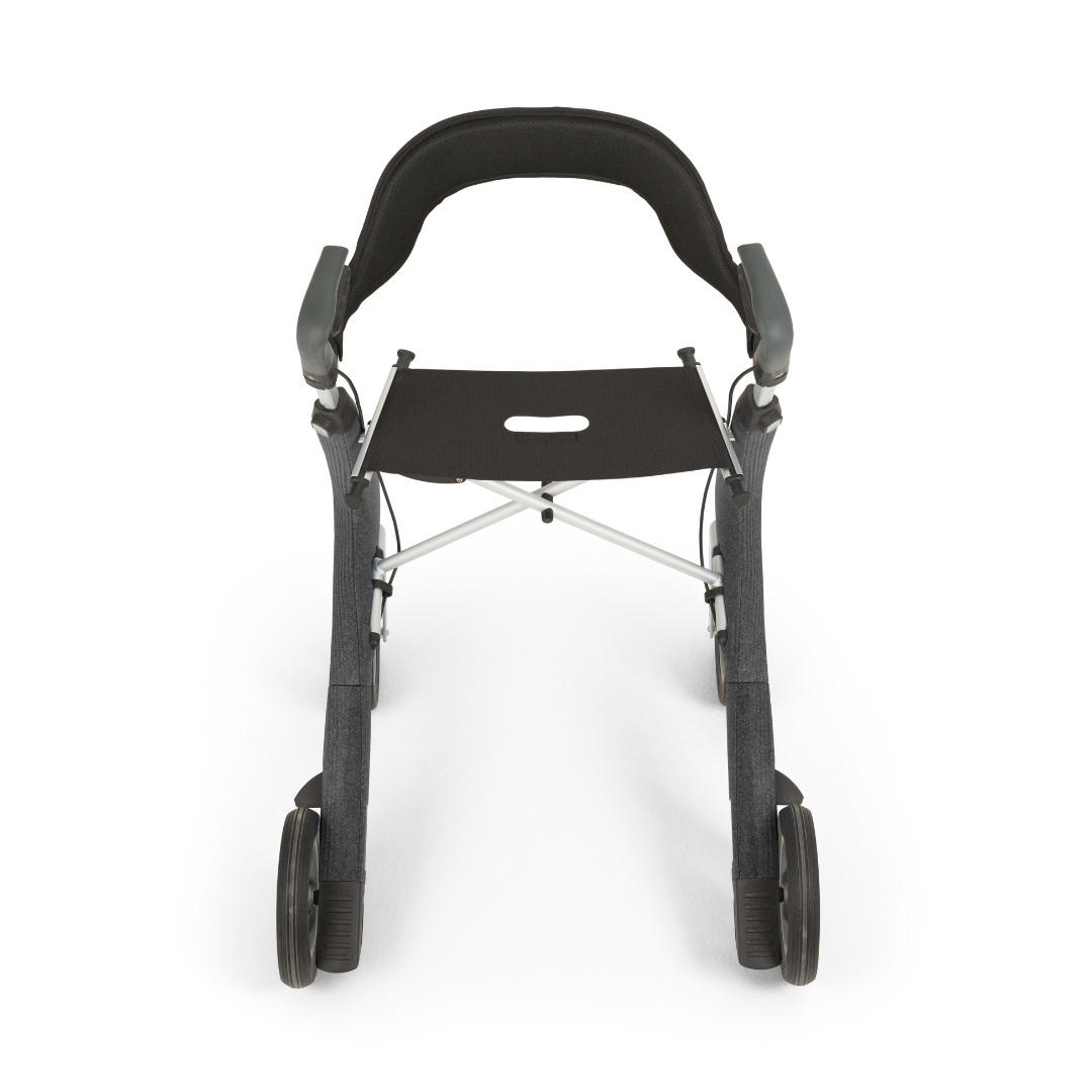 Front view of the byACRE Nordic Pioneer Lightweight Folding Rollator (only 13 lbs), shown with four wheels, ergonomic handles, mesh seat, and curved backrest against a white background.