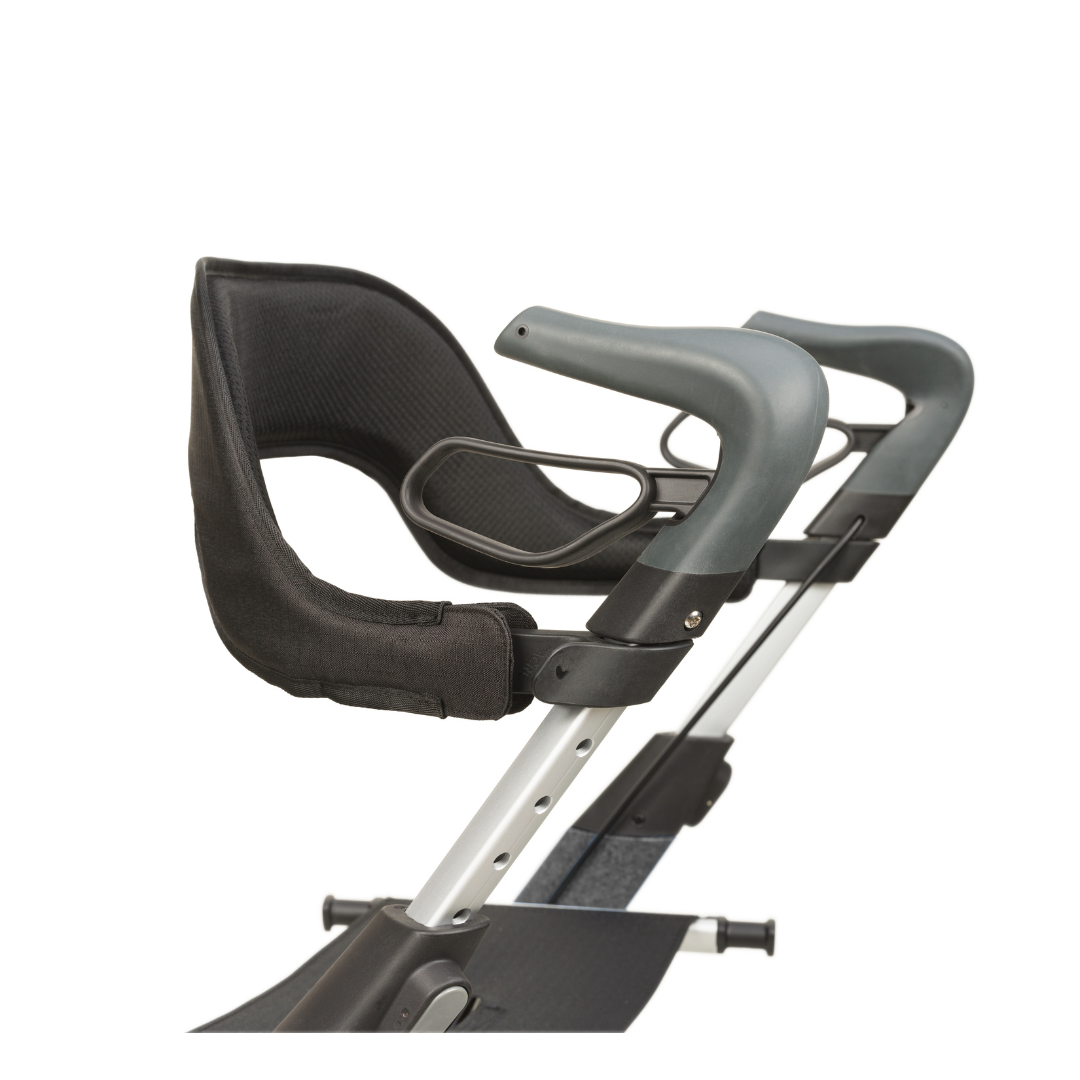 Close-up of the padded, black and gray ergonomic backrest and handlebar on the byACRE Nordic Pioneer Lightweight Folding Rollator – Only 13 lbs – against a white background.