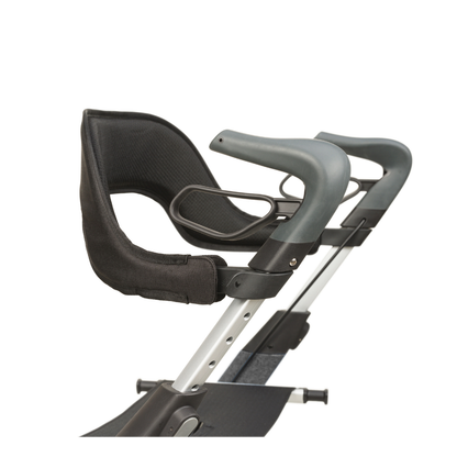 Close-up of the padded, black and gray ergonomic backrest and handlebar on the byACRE Nordic Pioneer Lightweight Folding Rollator – Only 13 lbs – against a white background.