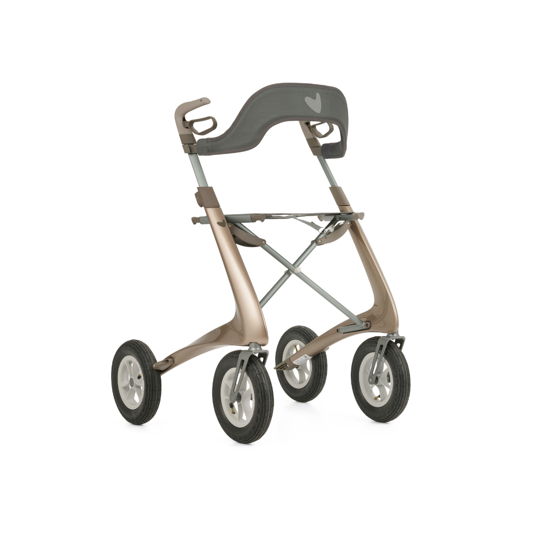 The Backrest for byACRE Overland Carbon Fiber Rollators provides ergonomic support for enhanced mobility, shown here on a modern rollator with four large wheels and lightweight carbon construction against a white background.