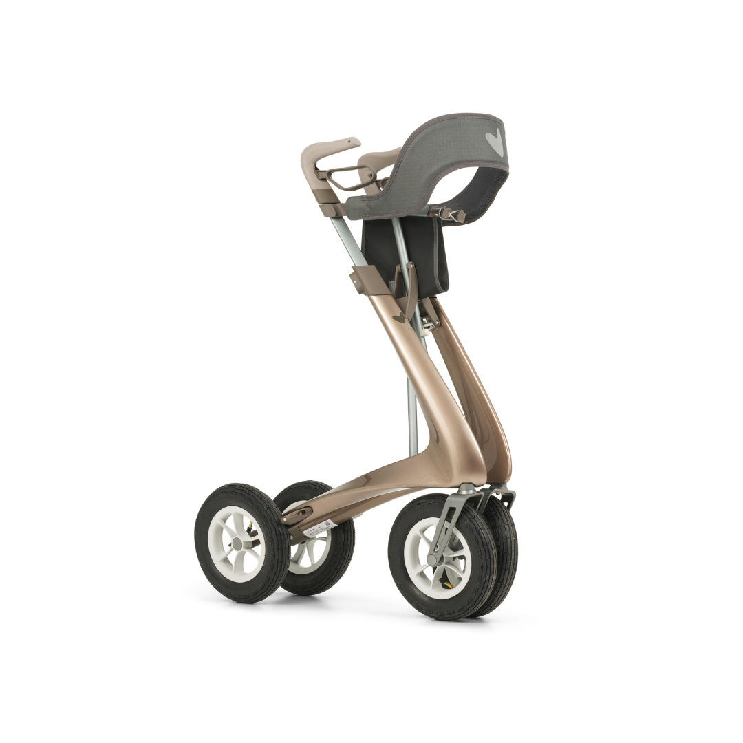The Backrest For byAcre Overland Carbon Fiber Rollators is displayed on a modern rollator with a sleek frame, large rubber tires, and ergonomic handles against a white background.