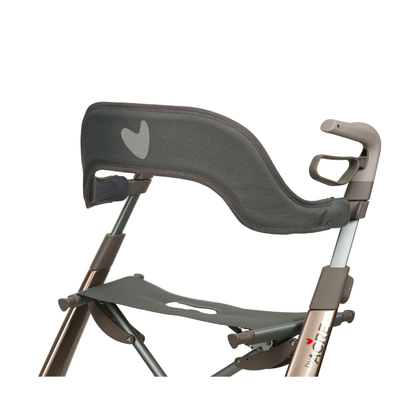 A close-up of the Backrest For byAcre Overland Carbon Fiber Rollators shows the mesh backrest and seat with heart-shaped cutouts, paired with a metallic frame, ergonomic handles, and a modern design.