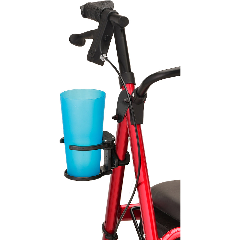 A blue plastic cup sits in a Nova Medical Star Series & Express Rollator Accessories folding cup holder, attached to the frame of a red mobility walker near the handlebars—making daily use more convenient.