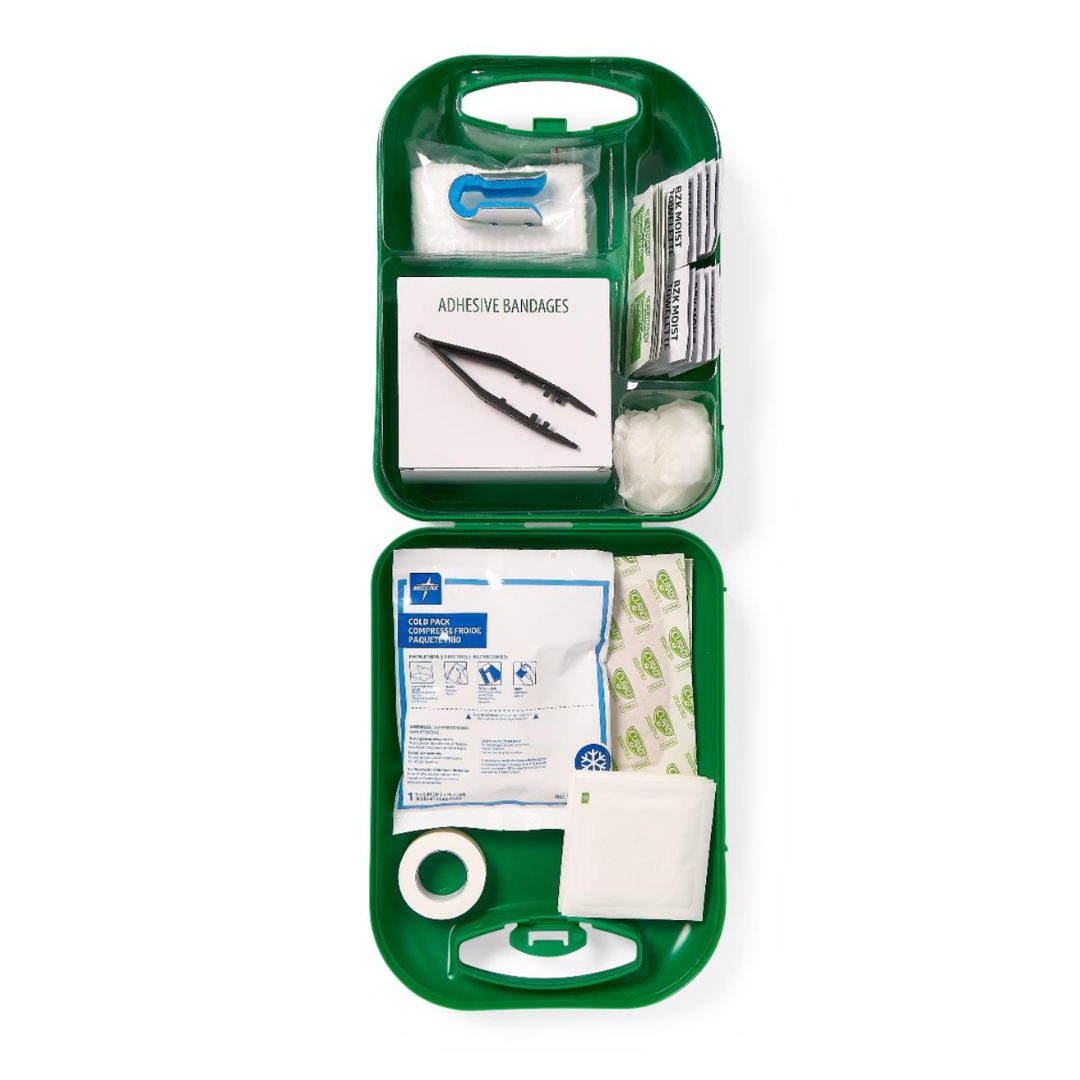 The Medline CURAD 175-Piece Complete First Aid Kit includes bandages, gauze, adhesive tape, cotton balls, tweezers, scissors, and antiseptic wipes in organized compartments—ideal for emergencies or use in training videos.