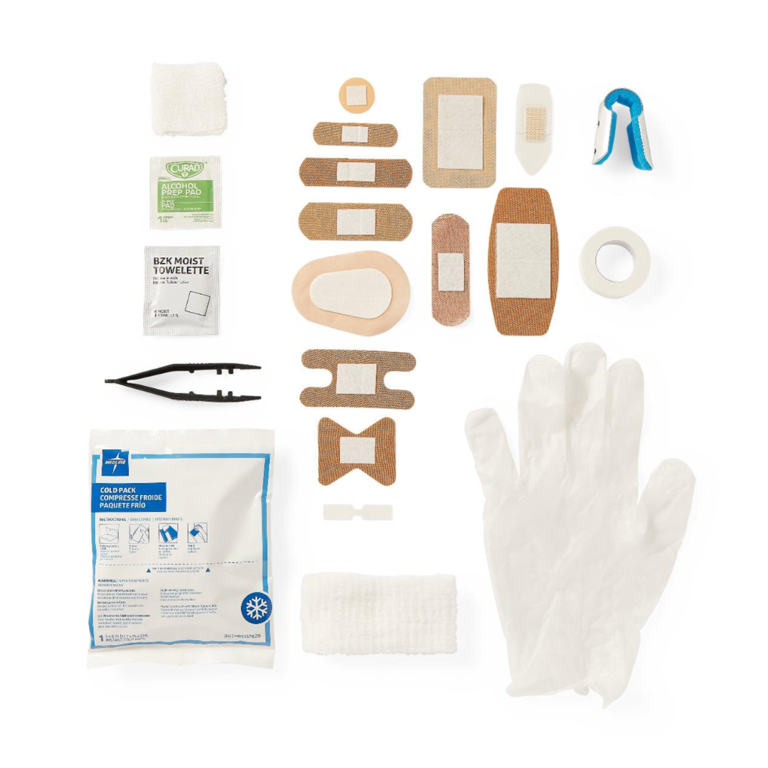 Medline CURAD 175-Piece Complete First Aid Kit contents include bandages, gauze pads, antiseptic wipe, tweezers, gloves, tape, trauma pad, scissors & cold pack—see specs for full item list.