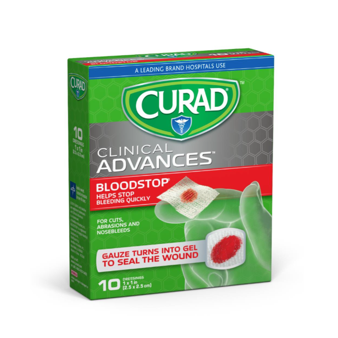 CURAD Bloodstop Hemostatic Gauze 1" x 1" stops bleeding fast with quick-seal gel technology. Absorbs blood and turns to gel. Box contains 10 sterile dressings.