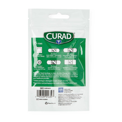 The Medline CURAD 15 Piece First Aid Kit with Bag includes alcohol swabs, strip bandages, plastic bandages, and waterproof bandages. This convenient kit contains a total of 15 essential items per bag. Available as a case of 48 kits.
