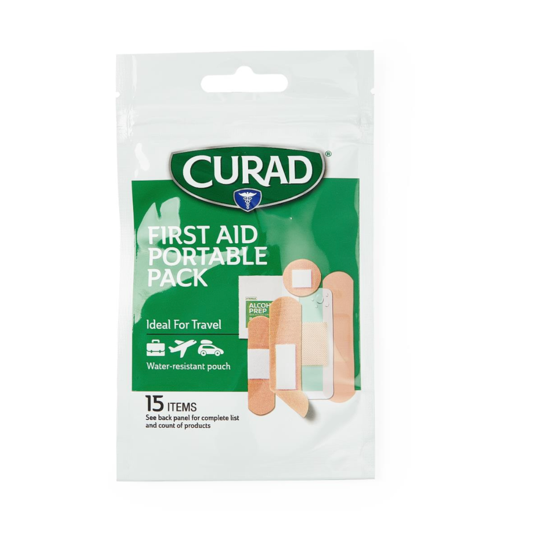 The Medline CURAD 15 Piece First Aid Kit with Bag features green and white packaging and includes bandages. This water-resistant kit is portable, perfect for travel, and comes in a case of 48.