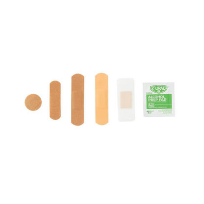 Five assorted bandages in different shapes and sizes are arranged in a row next to a Curad alcohol prep pad from the Medline CURAD 15 Piece First Aid Kit with Bag - Case of 48, displayed on a white background.