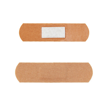 Two CURAD Flex-Fabric Adhesive Bandages 3/4″ x 3″ Strips are shown against a white background: the top bandage displays its pad and adhesive side, while the bottom bandage shows the plain back.
